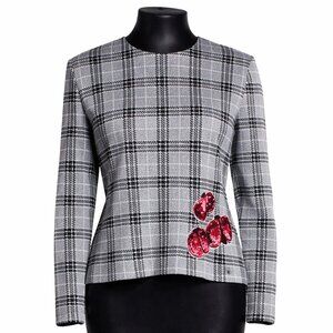 St. John Sport Plaid Sweater Large L Gray Knit Ladybug Detail Dog Show Top